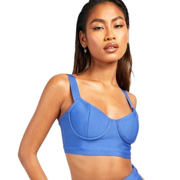 Boohoo  Premium Bandage Bralette Top Cobalt Blue Sports Bra Underwire Side Zip 6 - Picture 2 of 10